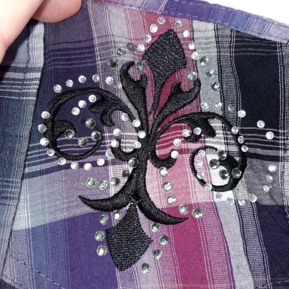 Y2K Maurice's Plaid Shirt Rhinestone Embellished Lace Western Style Women's Med - Picture 9 of 16
